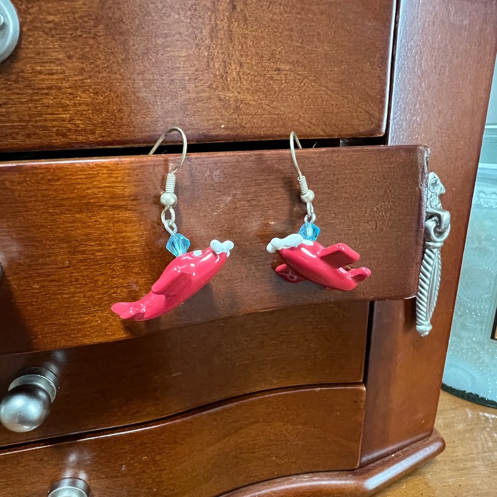 ✈️❤️ Red Enamel Airplane Earrings with Blue Crystal Accent | Travel Lover Gift
